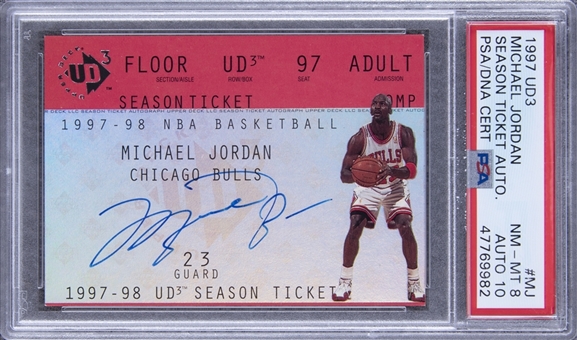 1997 Upper Deck UD3 "Season Ticket" #MJ Michael Jordan Signed Card – PSA NM-MT 8, PSA/DNA 10